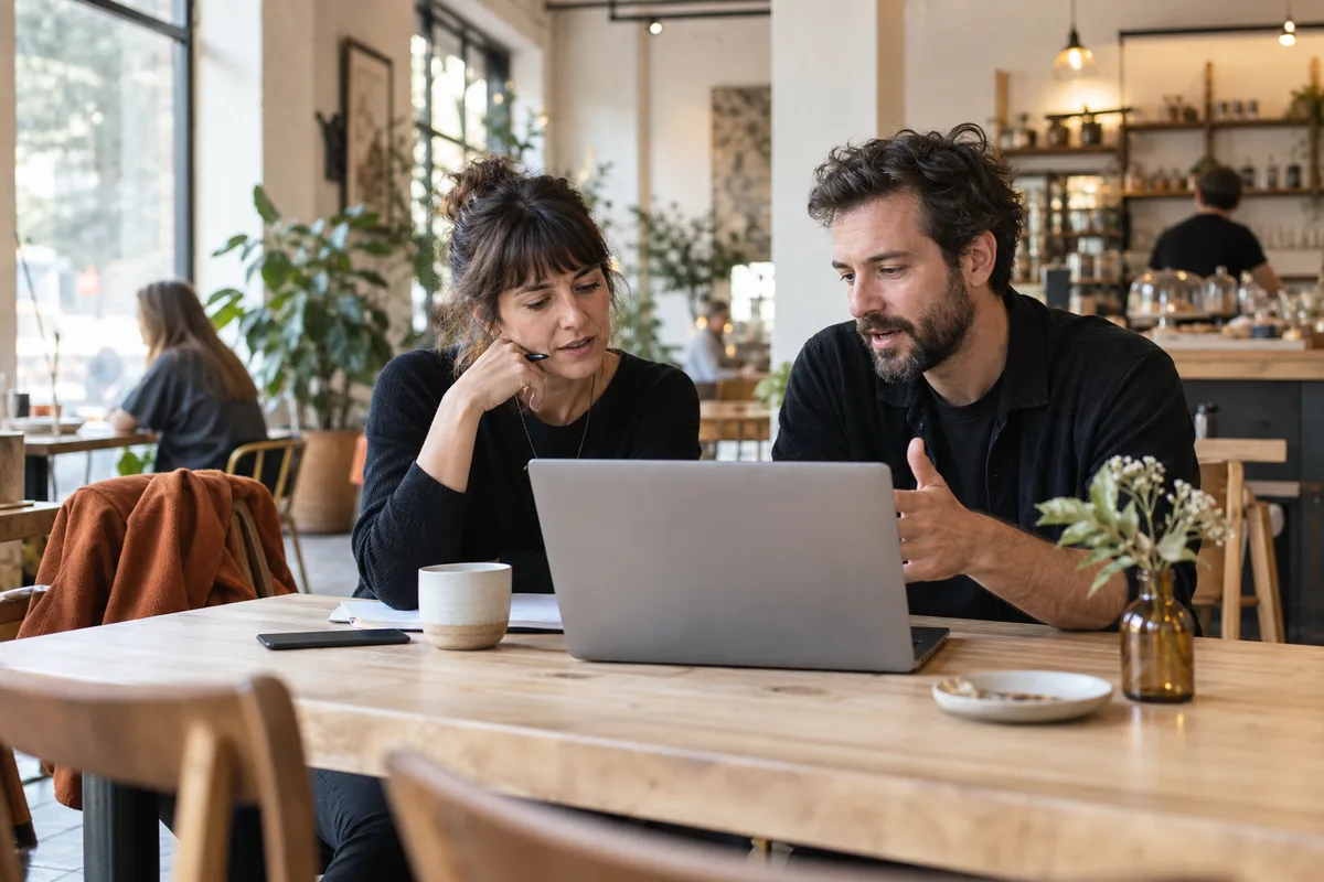 Two people discussing a business project over a laptop